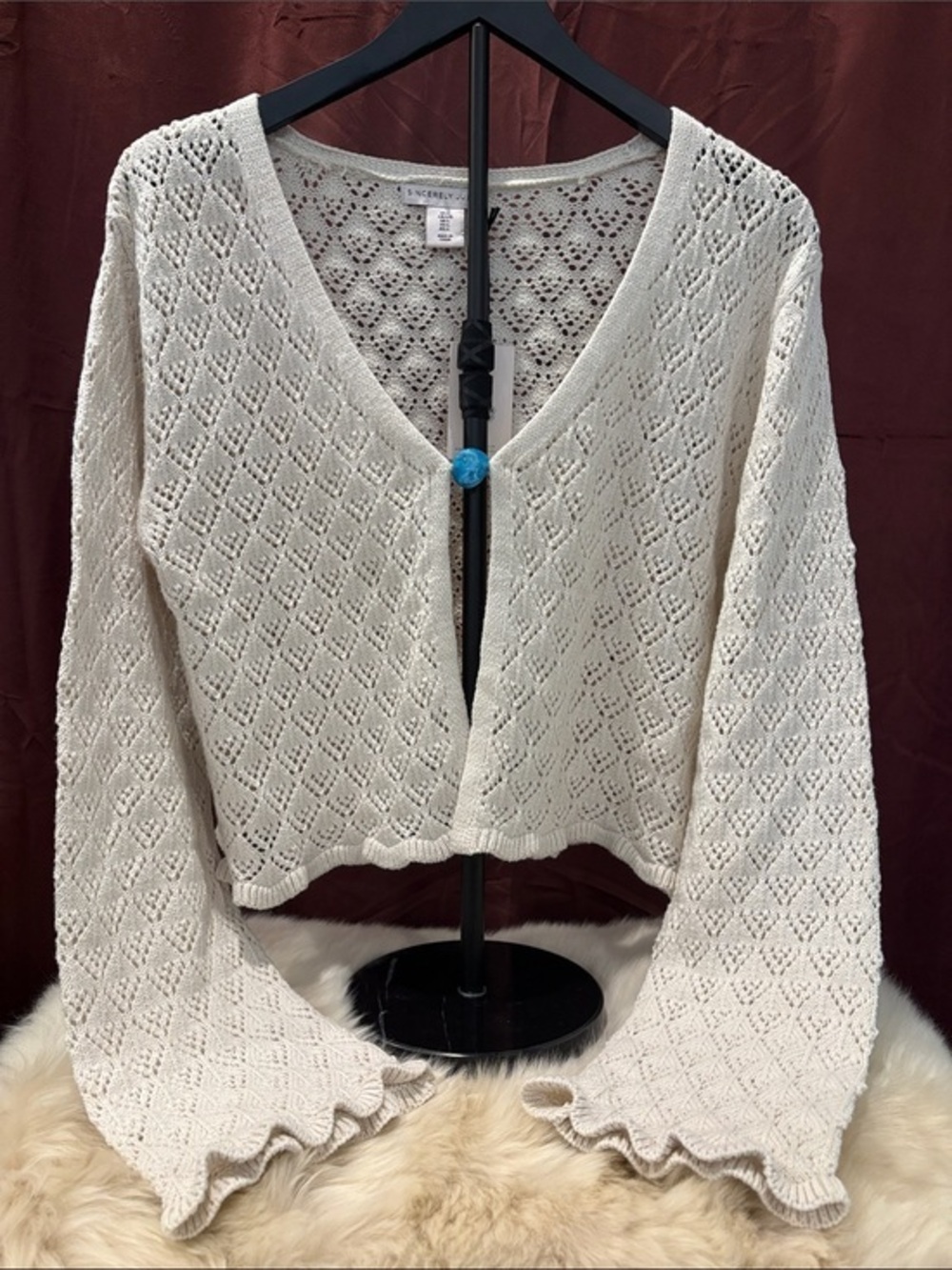 Sincerely Jules Cream Openwork V-Neck Cropped Cardigan with Blue Faux Stone - Picture 1 of 8